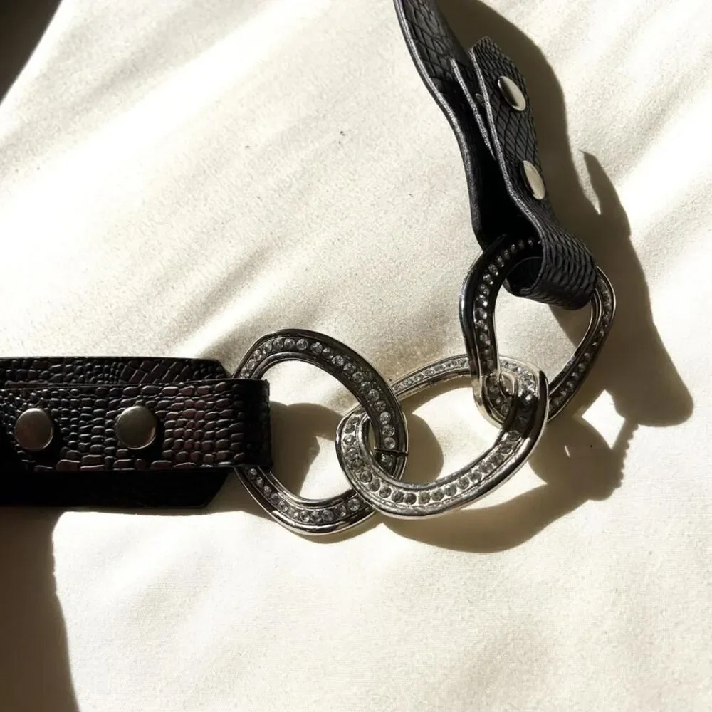 y2k brown faux leather rhinestone belt womens large‎